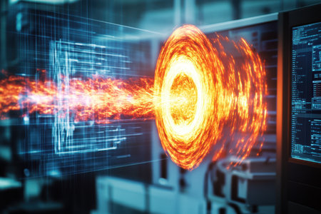 A swirling vortex of fiery energy is depicted in a high-tech setting, surrounded by screens and data.の写真素材