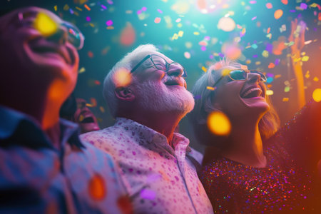 Friends share laughter and happiness, surrounded by vibrant lights and confetti during a festive gathering.の写真素材