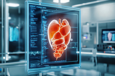 A digital heart rendering highlights advanced tech in a modern medical setting.の写真素材