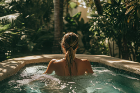 A person enjoying a soothing soak in a spa, embraced by tropical plants and natural beauty.の写真素材