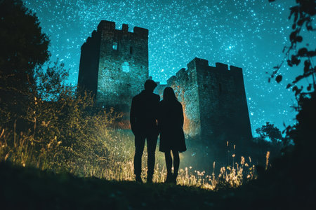 A couple stands together, gazing at the starry sky above ancient castle ruins, surrounded by quiet nature.の写真素材