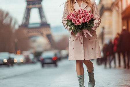 A woman carrying a bouquet of pink roses strolls along a city street with the Eiffel Tower visible in the background.の写真素材