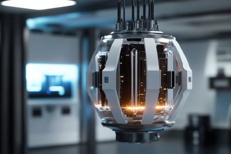 A glowing energy sphere hovers in a modern laboratory filled with advanced technology.の写真素材