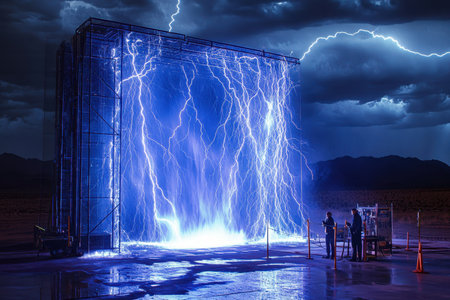 Powerful lightning bolts illuminate the night sky as spectators watch the electrifying spectacle unfold outdoors.の写真素材