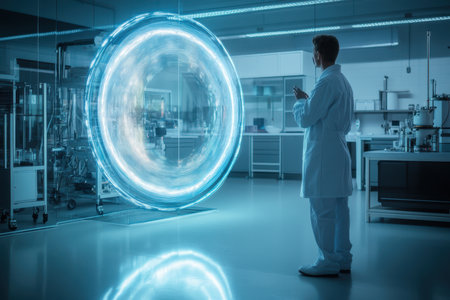 A scientist in a lab coat observes a glowing portal in a high-tech laboratory at night.の写真素材