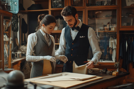 Two tailors examine fabric and patterns in a traditional workshop filled with sewing materials during evening light.の写真素材