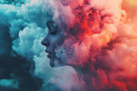 A woman's silhouette emerges from vibrant, swirling clouds, creating a mystical and dreamlike atmosphere.の写真素材
