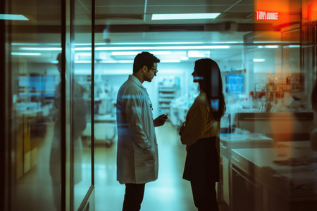 Two healthcare workers engage in a serious conversation in a dimly lit hospital corridor at night.の写真素材