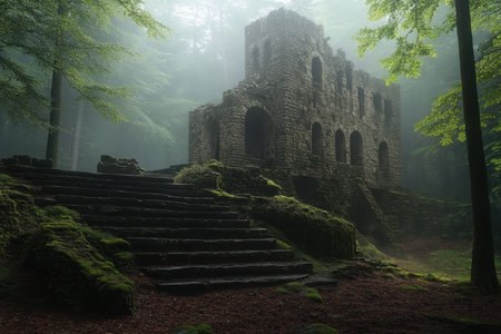 Ancient stone ruins rise from the ground, enveloped in fog and set amidst vibrant green trees during early morning.の写真素材