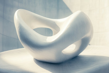 A striking white sculpture with a fluid shape sits gracefully on a smooth surface under daylight.の写真素材