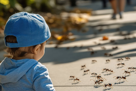 A curious child in a blue cap watches a trail of ants on the pavement in a sunny park.の写真素材