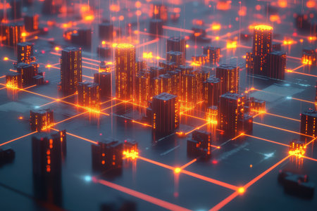 A vibrant cityscape comes alive with glowing lines connecting modern buildings, creating a digital network.の写真素材