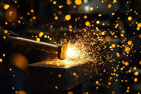 A blacksmith strikes heated metal on an anvil, creating bright sparks in a dimly lit workshop.の写真素材