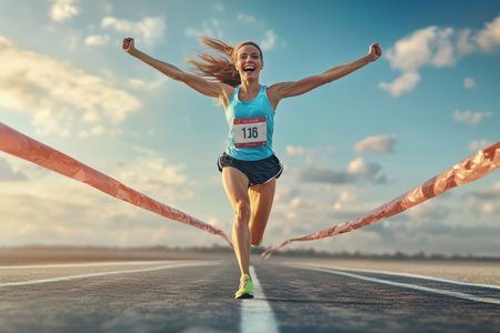 Runner celebrates as she crosses the finish line in a dynamic sprint under a clear sky.の写真素材