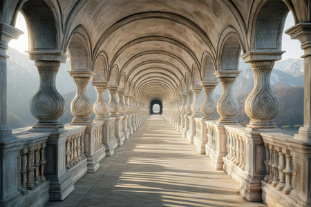 A stunning walkway lined with arches creates a beautiful perspective against a mountain landscape.の写真素材