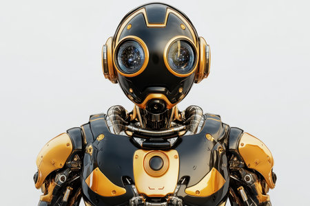 A humanoid robot with shiny black and gold plating presents a friendly appearance and advanced technology.の写真素材