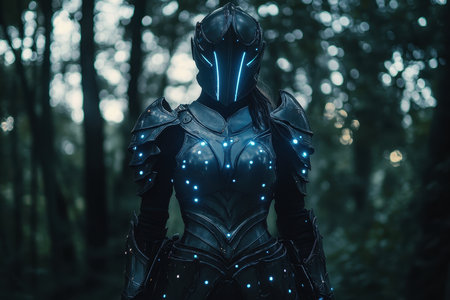 An armored warrior with glowing details stands boldly among trees in a dimly lit forest setting during twilight.の写真素材
