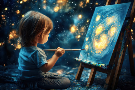 Young child immersed in painting a starry night scene on an easel under a magical atmosphere.の写真素材