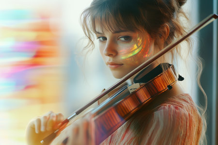 A musician skillfully plays the violin, surrounded by vibrant colors from nearby light reflections.の写真素材