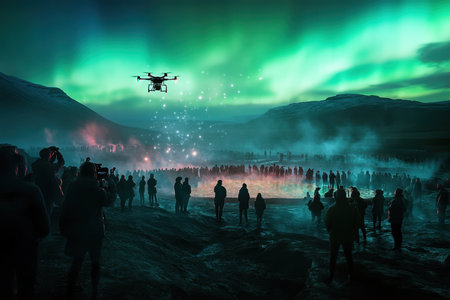 People gather in awe as a drone captures the vivid northern lights illuminating the sky at night.の写真素材