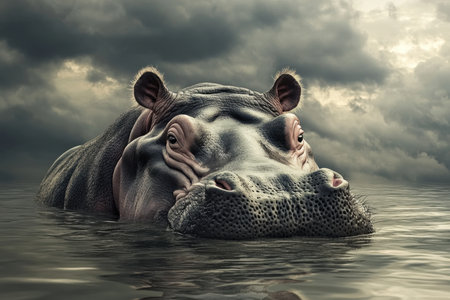 A hippopotamus surfaces in calm water, surrounded by dark clouds and a soft glow at sunset.の写真素材