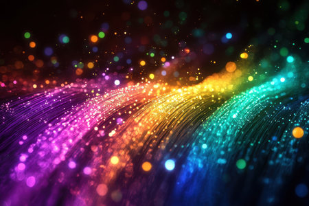 Bright, colorful light patterns swirl together, creating a mesmerizing and vibrant digital artwork.の写真素材