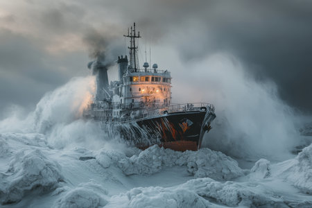 A tugboat battles fierce waves and icy foam while navigating stormy seas, showing resilience and strength.の写真素材