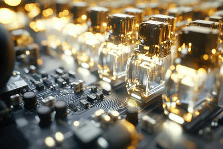 Bright glass components stand out against a circuit board, highlighting advanced technology in use.の写真素材
