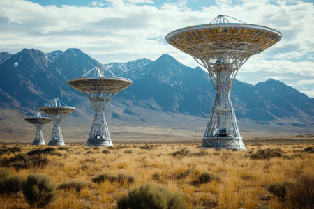 Radio telescopes stood tall in a vast desert, surrounded by golden grass and majestic mountains.の写真素材