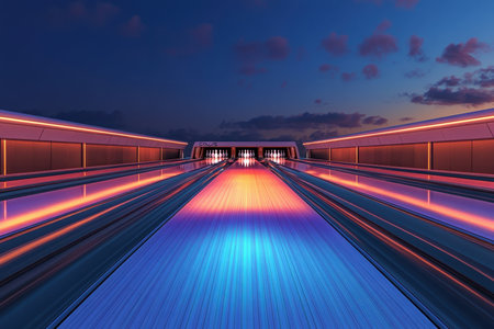 Bright neon lights enhance a modern bowling alley as twilight descends, creating a vibrant atmosphere.の写真素材