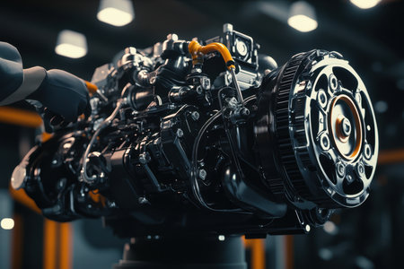 Technicians work on a high-performance engine in a well-lit automotive workshop, showing advanced engineering.の写真素材