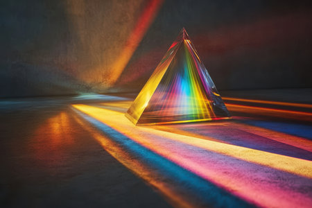 A glass prism refracts light, creating a vibrant spectrum of colors on a floor with a textured surface.の写真素材
