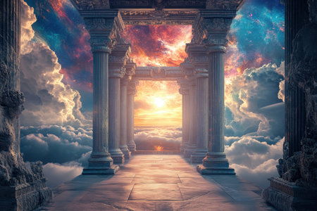 Ancient stone columns stand tall against a stunning cosmic backdrop filled with vibrant clouds at sunset.の写真素材