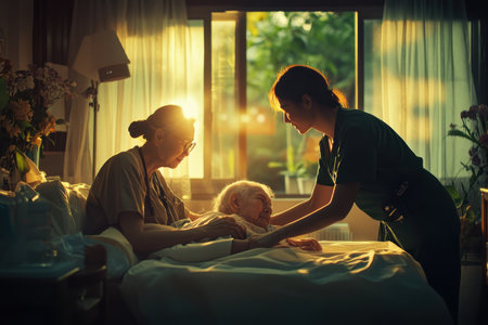 Caregivers offer loving support to an elderly woman, creating a nurturing vibe during a peaceful golden hour.の写真素材
