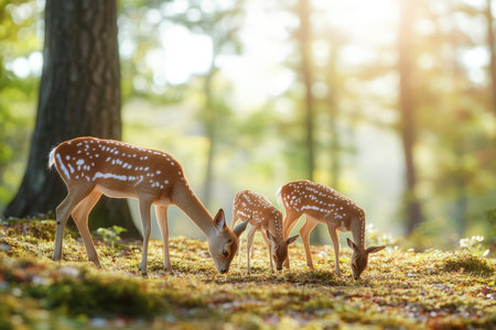 Three young deer graze on lush grass in a serene forest surrounded by tall trees and warm sunlight.の写真素材