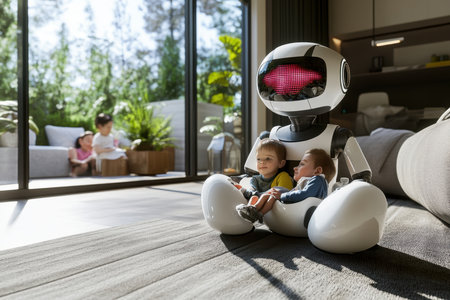 A friendly robot sits on the floor with two infants, while older kids play nearby in a bright, stylish space.の写真素材