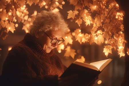 An elderly woman enjoys a book while surrounded by soft lights and autumn leaves, creating a tranquil atmosphere.の写真素材