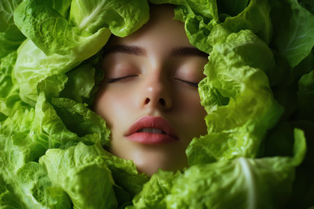 A woman relaxes with closed eyes, enveloped by vibrant green lettuce leaves, creating a serene atmosphere.の写真素材