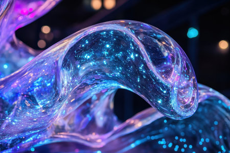 Bright hues illuminate a fluid shape, showing intricate patterns within translucent material at an exhibit.の写真素材
