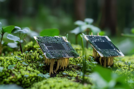Two circuit boards covered in moss and mushrooms sit among lush greenery in a tranquil forest environment.の写真素材