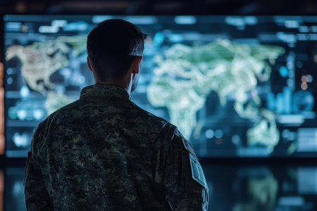 A soldier stands focused in front of a large digital map showing global territories and data insights.の写真素材