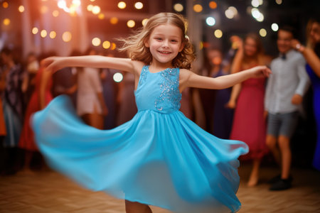 A young girl is gracefully spinning in her blue dress, celebrating in a vibrant dance party with friends.の写真素材
