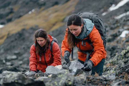 Two women in warm gear gather stones while exploring a rugged landscape on an outdoor adventure.の写真素材