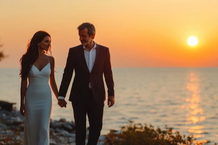 A couple holds hands while strolling along the beach at sunset, basking in the warm glow of the evening sky.の写真素材