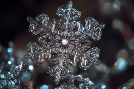 A stunning close-up view of a snowflake highlighting its unique crystal structure during winter.の写真素材
