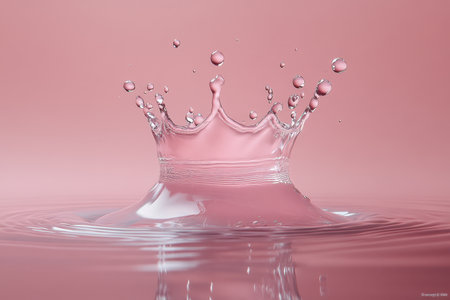 A gentle splash forms a crown of water droplets, complemented by a soft pink backdrop in this artistic setup.の写真素材