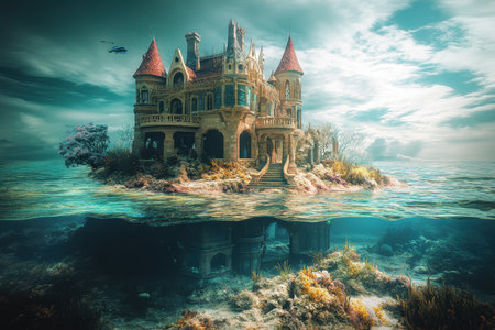 A stunning mansion partially submerged, surrounded by vibrant marine life and beautiful architecture.の写真素材
