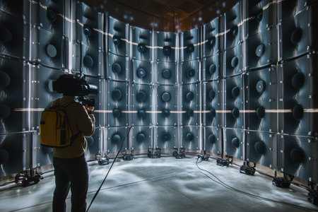 A person with a camera explores a high-tech sound chamber filled with speakers creating unique audio effects.の写真素材