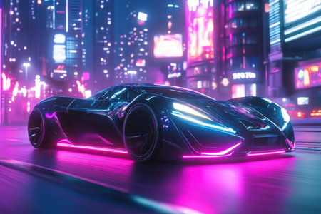 A sleek sports car glows with vibrant neon lights, cruising through a lively urban area at night.の写真素材