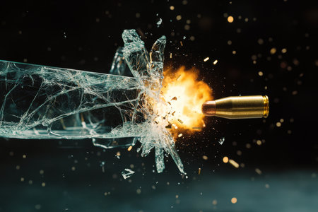 A bullet impacts and breaks through glass, creating shards and an explosion of debris during the moment of collision.の写真素材